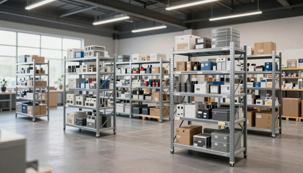 A modern commercial space showcasing various types of industrial shelving solutions by Top Racks. In the foreground, highlight sturdy metal shelving units filled with an array of products, emphasizing the organization and accessibility. The middle ground features different shelving styles, such as adjustable shelving and pallet racking, displaying a variety of applications from retail to warehouse settings. The background includes a spacious industrial environment with soft, diffused natural lighting streaming through large windows, creating an inviting atmosphere. Use a wide-angle lens perspective to enhance depth and dimension. The overall mood should convey efficiency and professionalism, illustrating the importance of optimizing space with effective shelving solutions. A modern commercial space showcasing various types of industrial shelving solutions by Top Racks. In the foreground, highlight sturdy metal shelving units filled with an array of products, emphasizing the organization and accessibility. The middle ground features different shelving styles, such as adjustable shelving and pallet racking, displaying a variety of applications from retail to warehouse settings. The background includes a spacious industrial environment with soft, diffused natural lighting streaming through large windows, creating an inviting atmosphere. Use a wide-angle lens perspective to enhance depth and dimension. The overall mood should convey efficiency and professionalism, illustrating the importance of optimizing space with effective shelving solutions.