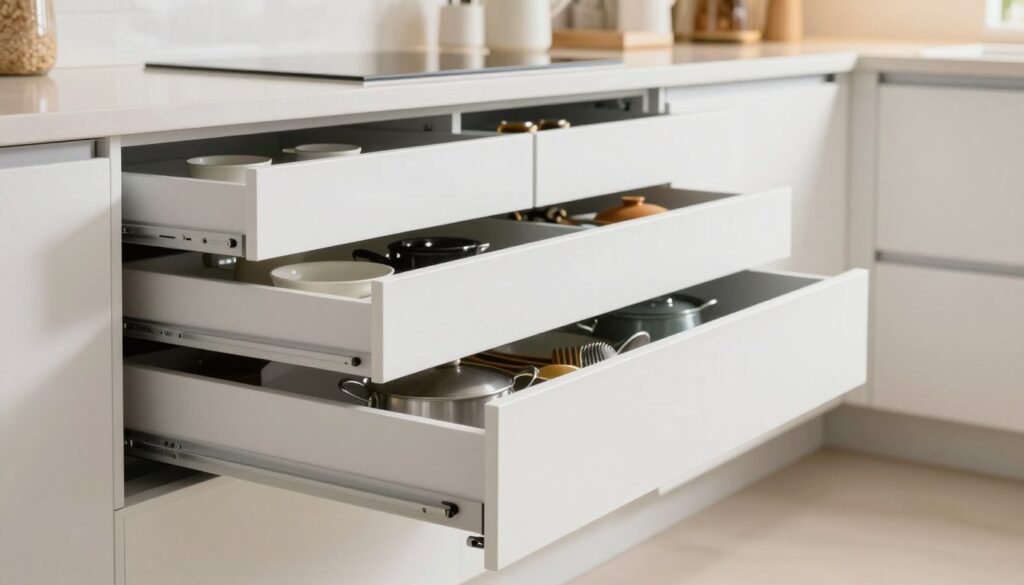 A modern kitchen featuring sleek, white sliding drawers installed in a stylish cabinet system by Top Racks. In the foreground, focus on an open drawer revealing neatly organized kitchenware, including pots, pans, and utensils. In the middle ground, showcase a row of additional closed sliding drawers that seamlessly blend into the cabinetry, emphasizing clean lines and contemporary design. The background features soft, diffused lighting illuminating the kitchen space, creating a warm and inviting atmosphere. Capture the scene from a slightly elevated angle, showcasing the functionality and accessibility of the sliding storage shelves. The mood is practical yet aesthetically pleasing, ideal for homeowners looking to maximize their storage solutions. A modern kitchen featuring sleek, white sliding drawers installed in a stylish cabinet system by Top Racks. In the foreground, focus on an open drawer revealing neatly organized kitchenware, including pots, pans, and utensils. In the middle ground, showcase a row of additional closed sliding drawers that seamlessly blend into the cabinetry, emphasizing clean lines and contemporary design. The background features soft, diffused lighting illuminating the kitchen space, creating a warm and inviting atmosphere. Capture the scene from a slightly elevated angle, showcasing the functionality and accessibility of the sliding storage shelves. The mood is practical yet aesthetically pleasing, ideal for homeowners looking to maximize their storage solutions.