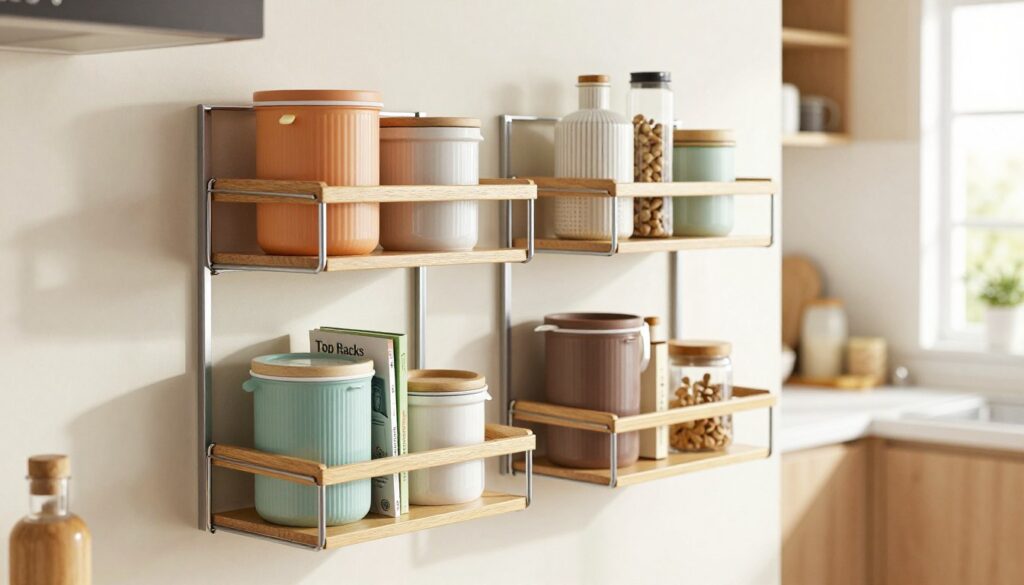A modern, stylish kitchen featuring "Top Racks" compact storage racks made of sleek metal and wood, organized neatly against the wall. In the foreground, a close-up of a well-arranged rack demonstrating efficient use of space, with colorful containers, books, and decor items. The middle section consists of additional storage options, showcasing the versatility and functionality of the racks. The background includes a softly lit kitchen setting with natural light streaming through a window, enhancing the inviting atmosphere. The angle is slightly elevated, offering a comprehensive view of the shelving arrangement. The overall mood is clean, organized, and practical, emphasizing easy maintenance through thoughtful arrangement and access. A modern, stylish kitchen featuring "Top Racks" compact storage racks made of sleek metal and wood, organized neatly against the wall. In the foreground, a close-up of a well-arranged rack demonstrating efficient use of space, with colorful containers, books, and decor items. The middle section consists of additional storage options, showcasing the versatility and functionality of the racks. The background includes a softly lit kitchen setting with natural light streaming through a window, enhancing the inviting atmosphere. The angle is slightly elevated, offering a comprehensive view of the shelving arrangement. The overall mood is clean, organized, and practical, emphasizing easy maintenance through thoughtful arrangement and access.