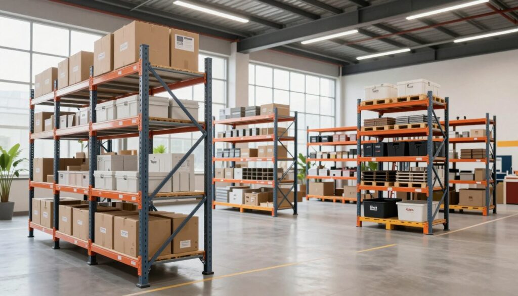 A modern warehouse interior featuring innovative storage solutions by "Top Racks." In the foreground, display sleek, adjustable shelving systems designed for maximizing vertical space, with neatly arranged boxes and bins illustrating organization. In the middle, showcase an array of compact pallet racking and mobile shelving units, emphasizing efficiency and space optimization, with easy accessibility for workers. In the background, large windows allow natural light to flood in, enhancing the spacious atmosphere; add a hint of greenery from indoor plants for a touch of warmth. Capture the scene from a low angle, focusing on the height of the storage solutions, with bright, clean lighting to convey a sense of productivity and modernity, creating an inspiring and efficient warehouse environment. A modern warehouse interior featuring innovative storage solutions by "Top Racks." In the foreground, display sleek, adjustable shelving systems designed for maximizing vertical space, with neatly arranged boxes and bins illustrating organization. In the middle, showcase an array of compact pallet racking and mobile shelving units, emphasizing efficiency and space optimization, with easy accessibility for workers. In the background, large windows allow natural light to flood in, enhancing the spacious atmosphere; add a hint of greenery from indoor plants for a touch of warmth. Capture the scene from a low angle, focusing on the height of the storage solutions, with bright, clean lighting to convey a sense of productivity and modernity, creating an inspiring and efficient warehouse environment.