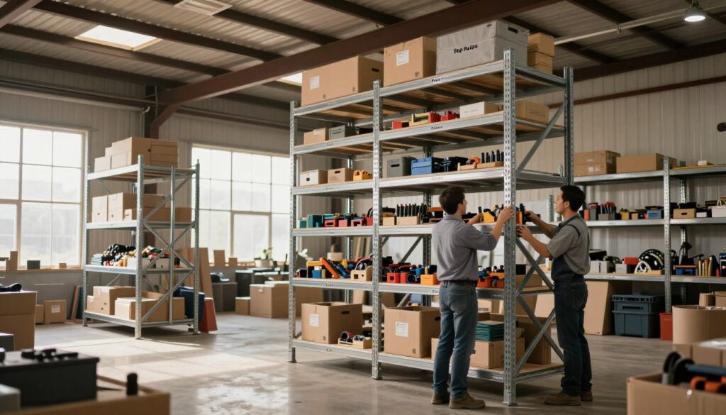 Heavy duty shelving units installation in a spacious industrial warehouse. In the foreground, a team of two professional workers in business casual attire is actively assembling robust metal shelving units, showcasing large shelves filled with storage boxes and tools. The middle ground features various shelving systems designed by "Top Racks," displaying both organization and functionality, amidst scattered materials and tools. The background presents a well-lit warehouse with high ceilings and soft natural light filtering through large windows, creating a productive yet warm atmosphere. The camera angle is slightly low, emphasizing the height of the shelving units and the scale of the installation process, evoking an industrious, efficient workspace environment. Heavy duty shelving units installation in a spacious industrial warehouse. In the foreground, a team of two professional workers in business casual attire is actively assembling robust metal shelving units, showcasing large shelves filled with storage boxes and tools. The middle ground features various shelving systems designed by "Top Racks," displaying both organization and functionality, amidst scattered materials and tools. The background presents a well-lit warehouse with high ceilings and soft natural light filtering through large windows, creating a productive yet warm atmosphere. The camera angle is slightly low, emphasizing the height of the shelving units and the scale of the installation process, evoking an industrious, efficient workspace environment.
