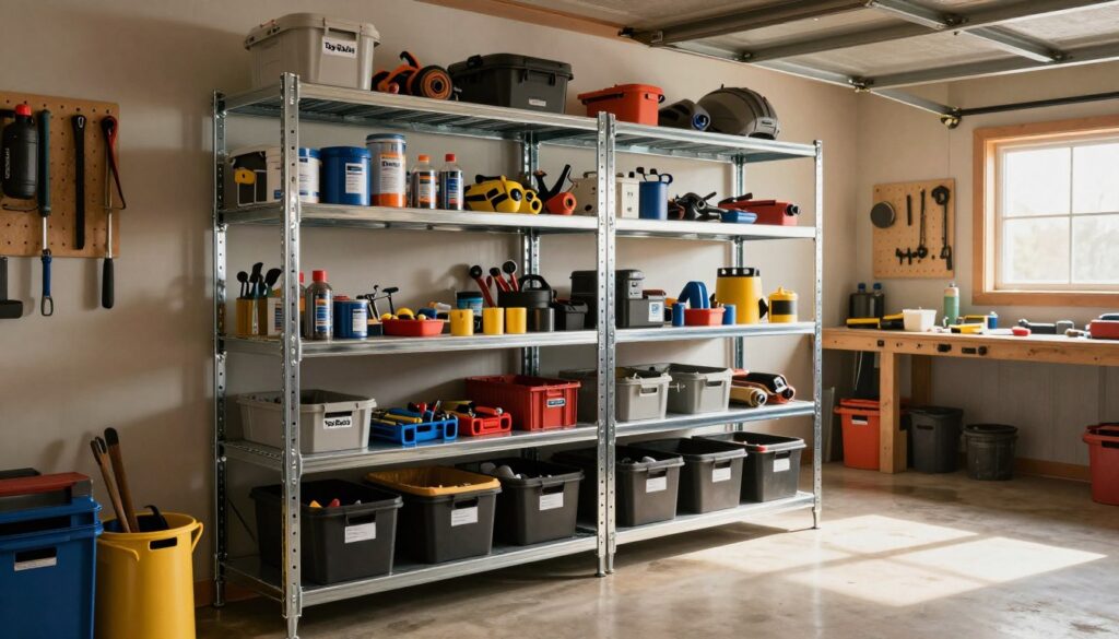 Heavy duty garage shelves prominently displayed in a well-organized garage setting, showcasing robust, industrial-style metal shelving units by "Top Racks". The foreground features various tools and storage bins neatly arranged on the shelves, some labeled for easy identification. In the middle ground, additional shelves are mounted on the wall, filled with home improvement supplies and outdoor gear. The background includes a well-maintained workbench and tools hanging on pegboards, illuminated by warm, natural light from a nearby window. The atmosphere is practical and efficient, evoking a sense of reliability and readiness for any project. The angle of the shot is slightly elevated, capturing the full perspective of the space without any human figures present. Heavy duty garage shelves prominently displayed in a well-organized garage setting, showcasing robust, industrial-style metal shelving units by "Top Racks". The foreground features various tools and storage bins neatly arranged on the shelves, some labeled for easy identification. In the middle ground, additional shelves are mounted on the wall, filled with home improvement supplies and outdoor gear. The background includes a well-maintained workbench and tools hanging on pegboards, illuminated by warm, natural light from a nearby window. The atmosphere is practical and efficient, evoking a sense of reliability and readiness for any project. The angle of the shot is slightly elevated, capturing the full perspective of the space without any human figures present.