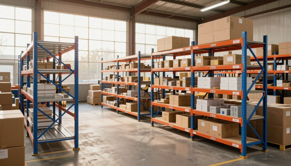 Spacious warehouse interior featuring organized shelving units branded "Top Racks" in the foreground, showcasing various sizes and configurations of steel shelving in vibrant colors. The middle ground includes a wide aisle filled with boxes and inventory, indicating a bustling storage environment. In the background, large windows allow warm, natural light to filter in, creating a bright and inviting atmosphere. The angle of the shot is slightly elevated, capturing depth and perspective, while soft shadows enhance the textures of the shelving materials. The overall mood is professional and efficient, reflecting a well-organized space perfect for storage solutions. Spacious warehouse interior featuring organized shelving units branded "Top Racks" in the foreground, showcasing various sizes and configurations of steel shelving in vibrant colors. The middle ground includes a wide aisle filled with boxes and inventory, indicating a bustling storage environment. In the background, large windows allow warm, natural light to filter in, creating a bright and inviting atmosphere. The angle of the shot is slightly elevated, capturing depth and perspective, while soft shadows enhance the textures of the shelving materials. The overall mood is professional and efficient, reflecting a well-organized space perfect for storage solutions.